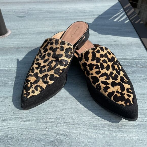 Halogen CORBIN Mules Women’s 8 Leopard Print Calf Hair Black Suede Point Slide - Picture 2 of 10
